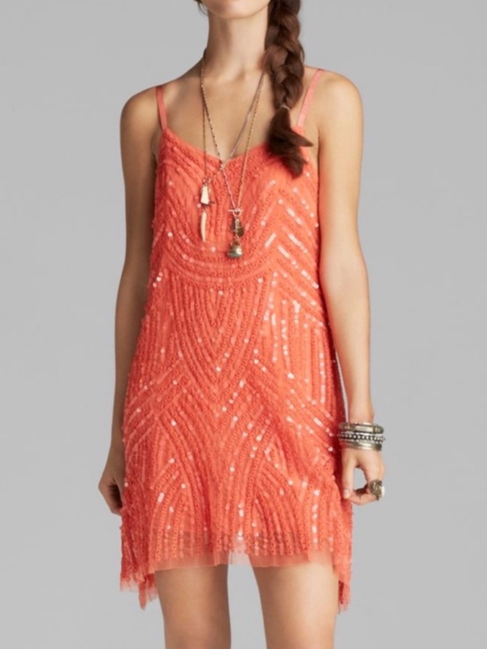 Free People Coral Beaded Spaghetti-Strap Dress